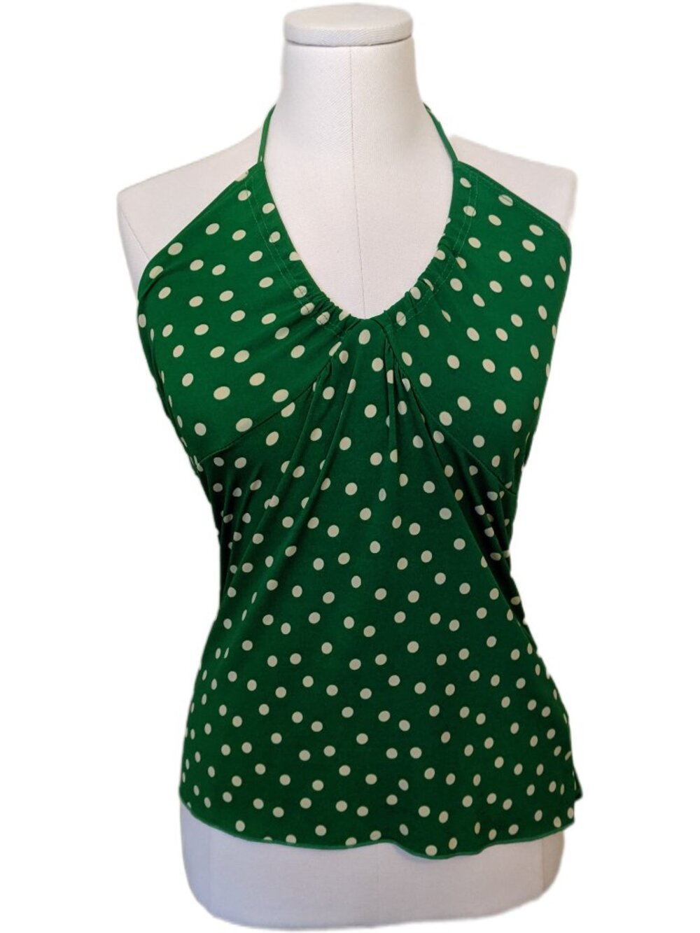 Vintage Y2K Green White Polka Dot Halter Top Pinup Retro Ruched Tank Party M